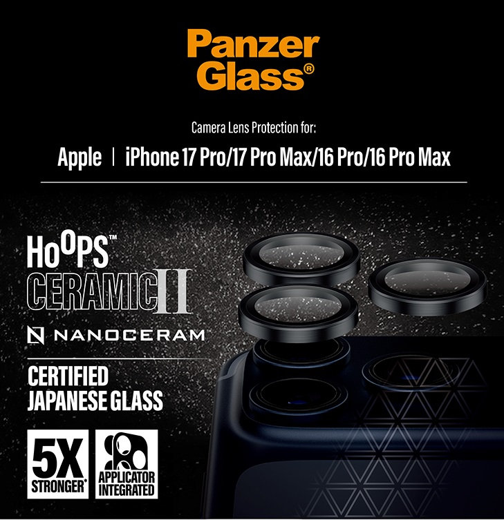 Ochranný kryt objektívu Hoops Ceramic II pre  iPhone 17 Pro Max/17 Pro/16 Pro Max/16 Pro, čierna