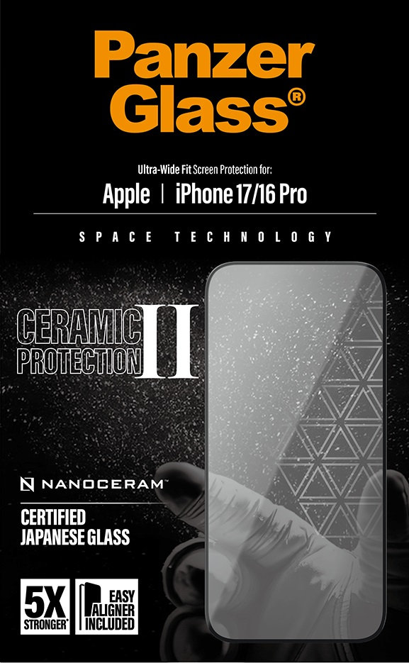 Tvrdené sklo UWF Ceramic II s aplikátorom pre iPhone 17/16 Pro, čierna