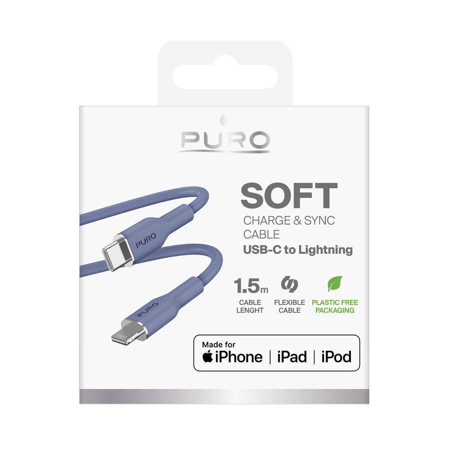 PURO - Kábel USB-C/MFI Lightning, 12 W, Soft, 1,5 m, svetlá modrá