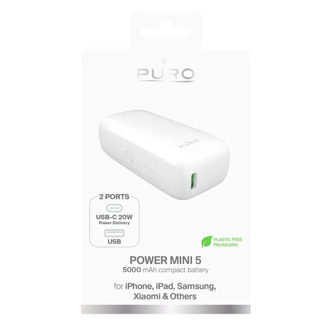 PURO - PowerBank 5000 mAh, 20 W, Power Delivery, Power Mini 5, USB-C/USB-A, biela
