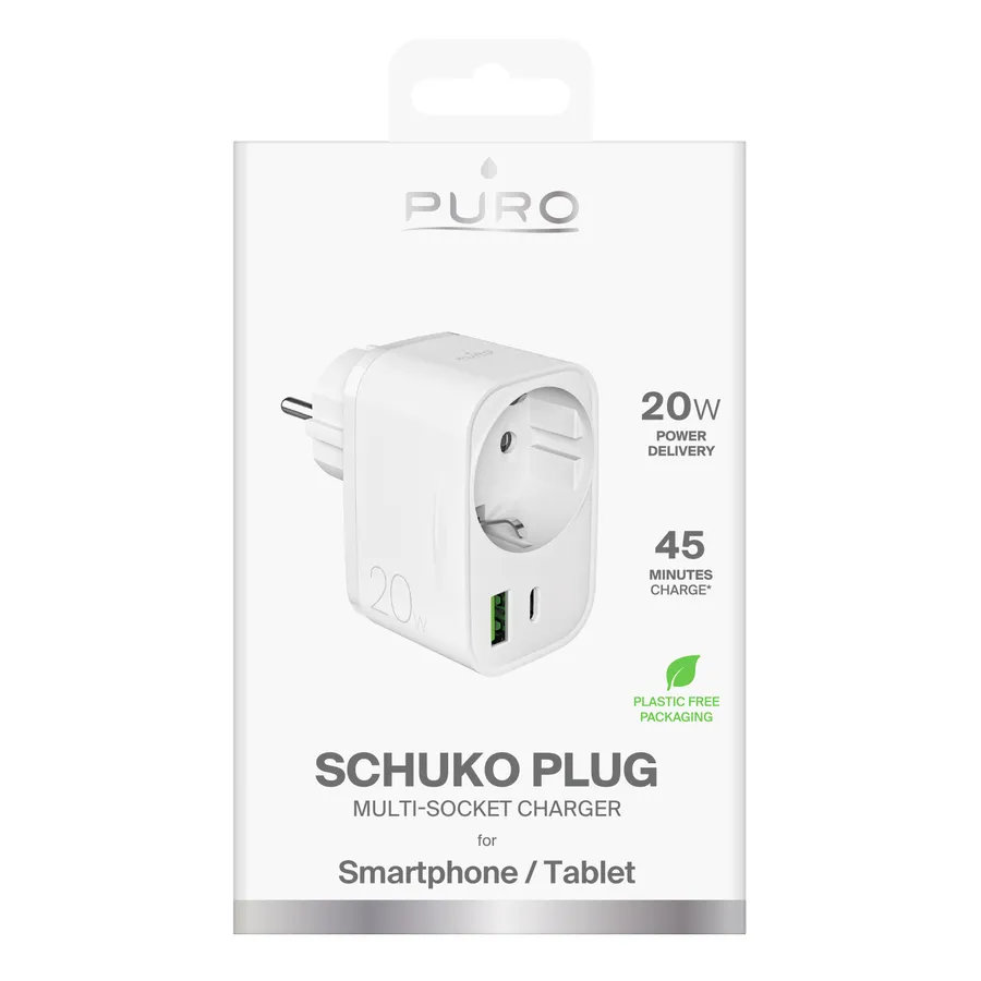 PURO - Viacportový cestovný adaptér USB-C/USB-A/Schuko, PD 20 W, biela