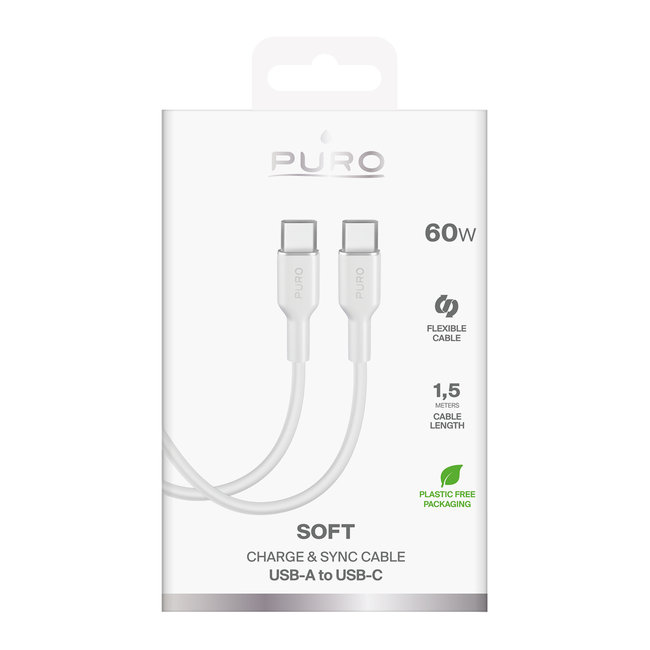 PURO - Kábel USB-C/USB-C, 60 W, Soft, 1,5 m, biela
