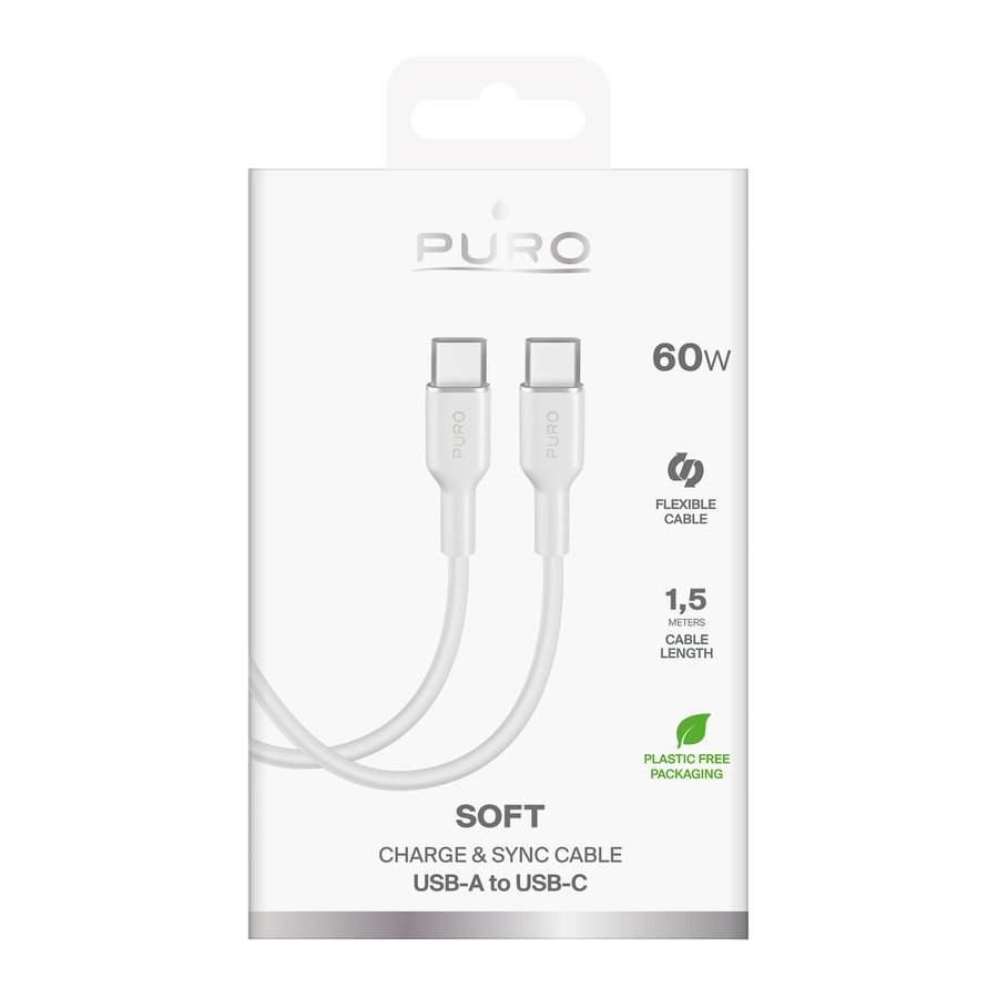 PURO - Kábel USB-C/USB-C, 60 W, Soft, 1,5 m, biela