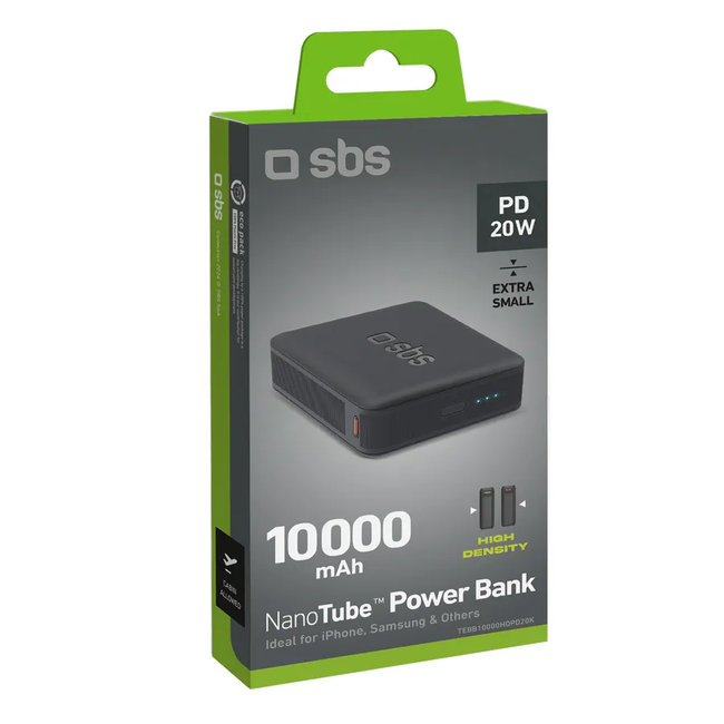 SBS - PowerBank 10000 mAh 20 W, Power Delivery, NanoTube, USB-C/USB-A, čierna