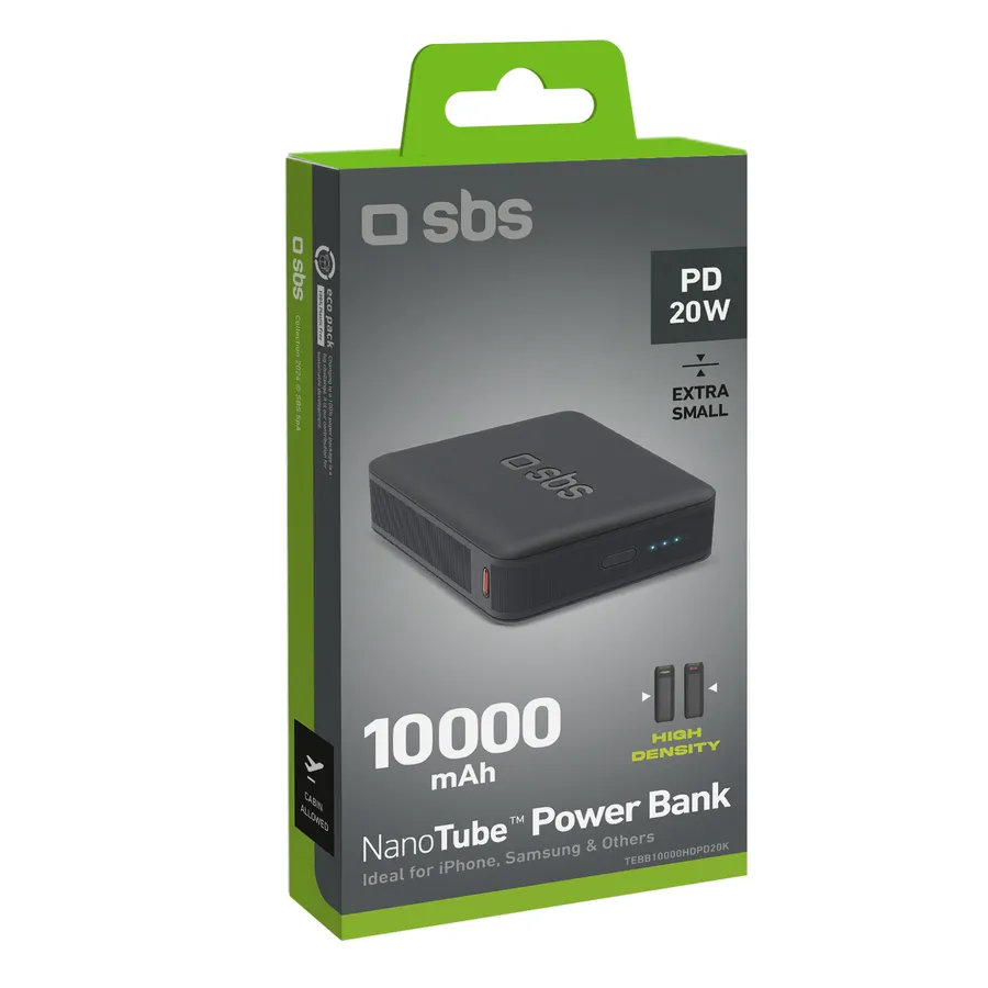 SBS - PowerBank 10000 mAh 20 W, Power Delivery, NanoTube, USB-C/USB-A, čierna