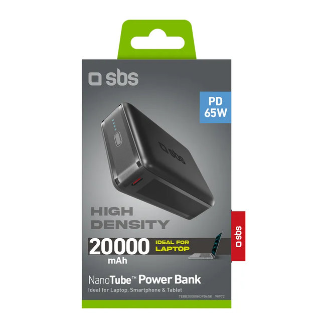 SBS - PowerBank 20000 mAh 65 W, Power Delivery, NanoTube, USB-C/USB-A, čierna
