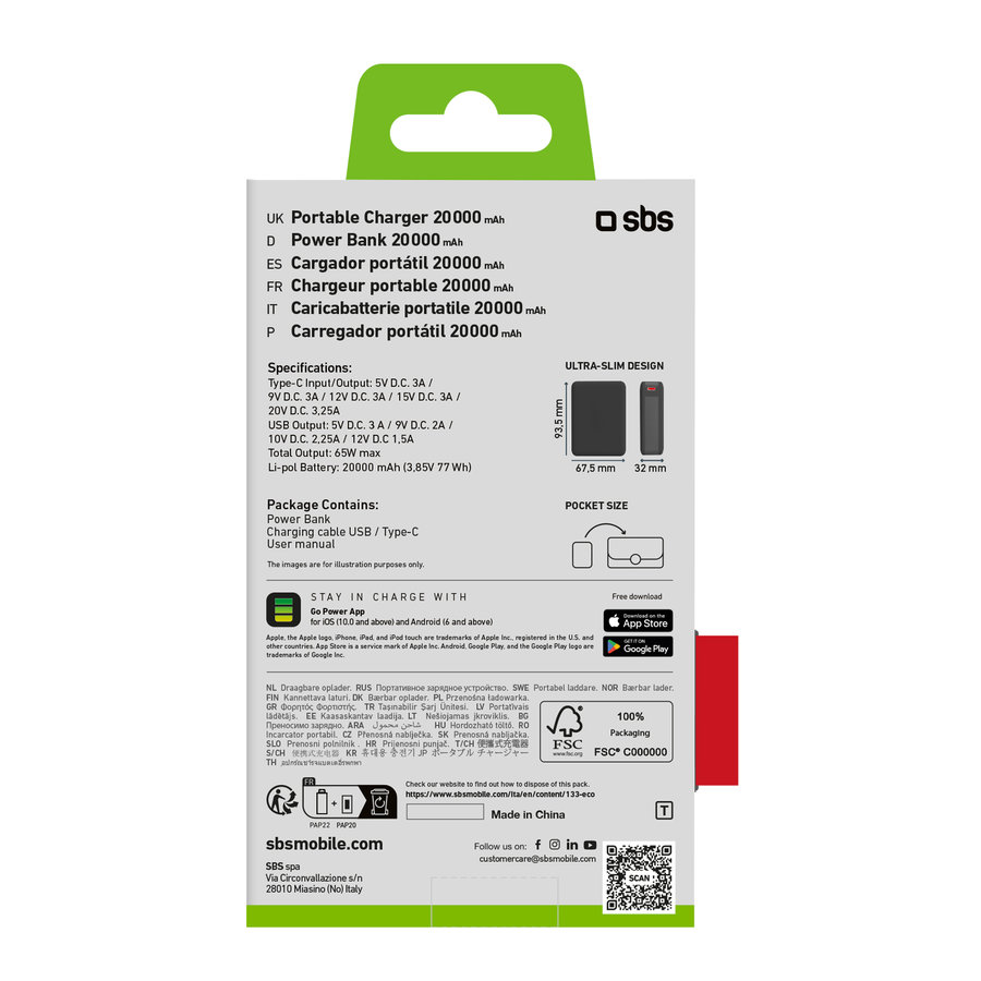 SBS - PowerBank 20000 mAh 65 W, Power Delivery, NanoTube, USB-C/USB-A, čierna