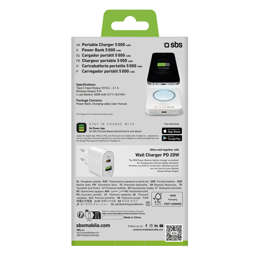 SBS - PowerBank 5000 mAh 10 W, kompatibilná s MagSafe, Mag Power, USB-C, čierna