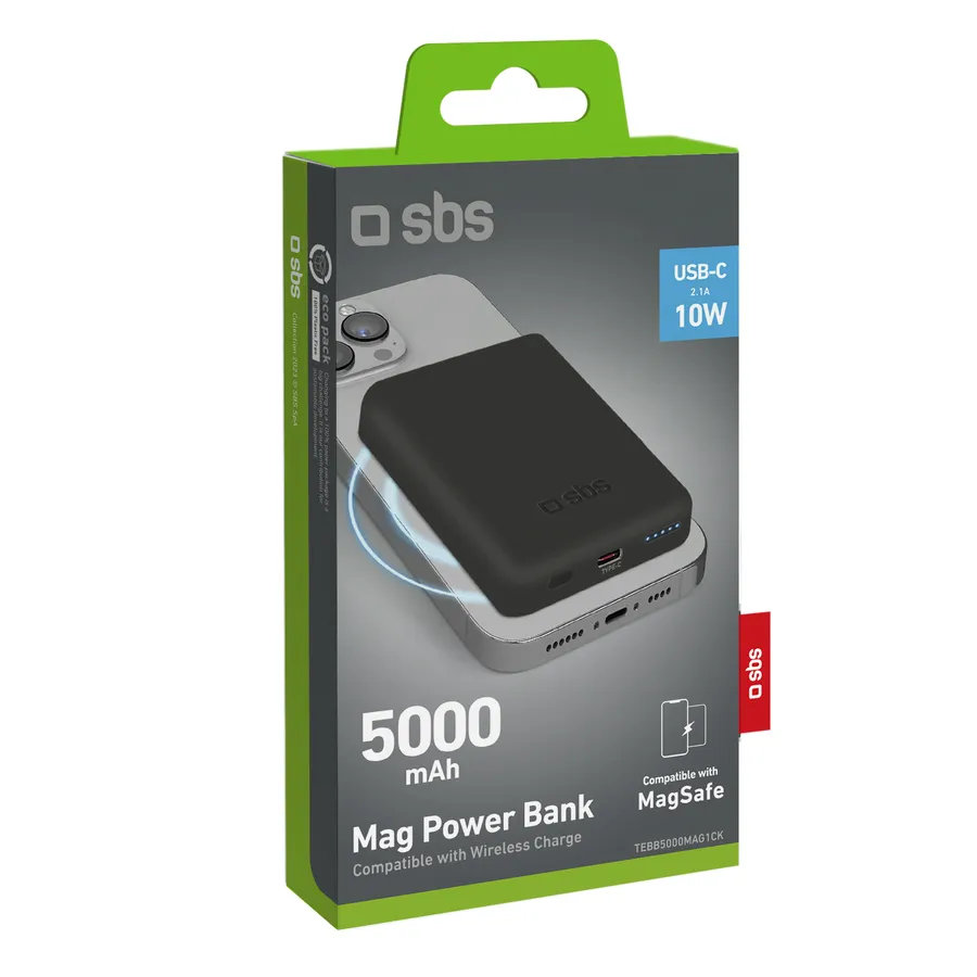 SBS - PowerBank 5000 mAh 10 W, kompatibilná s MagSafe, Mag Power, USB-C, čierna