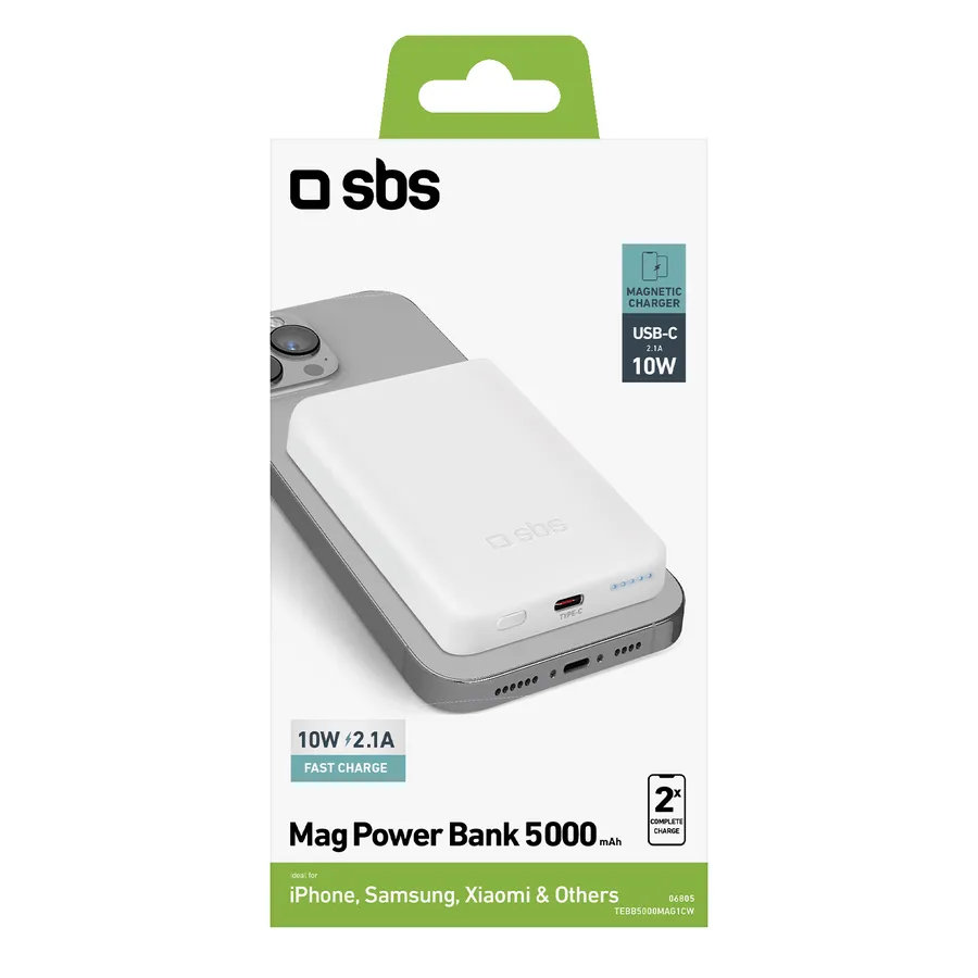 SBS - PowerBank 5000 mAh 10 W, kompatibilná s MagSafe, Mag Power, USB-C, biela