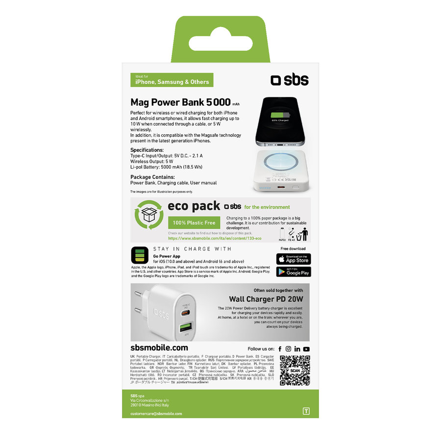 SBS - PowerBank 5000 mAh 10 W, kompatibilná s MagSafe, Mag Power, USB-C, biela
