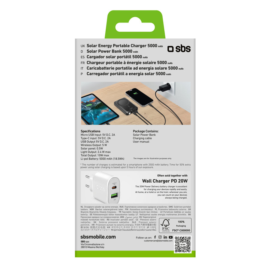 SBS - PowerBank 5000 mAh 10 W, kompatibilná s MagSafe, Solar, Mag Power, USB-C/USB-A, čierna