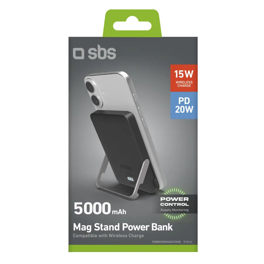 SBS - PowerBank 5000 mAh 20 W, Power Delivery, Mag Stand, čierna