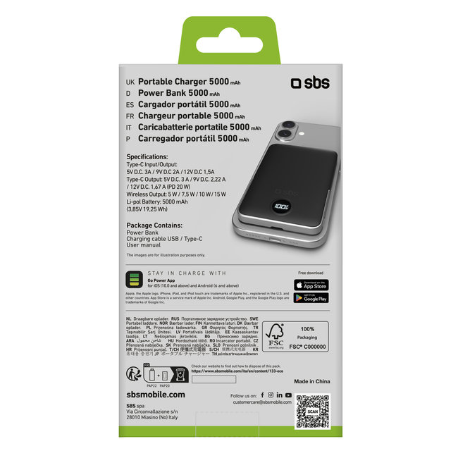 SBS - PowerBank 5000 mAh 20 W, Power Delivery, Mag Stand, čierna