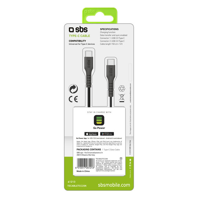 SBS - Kábel USB-C/USB-C, 25 W, 1,5 m, čierna