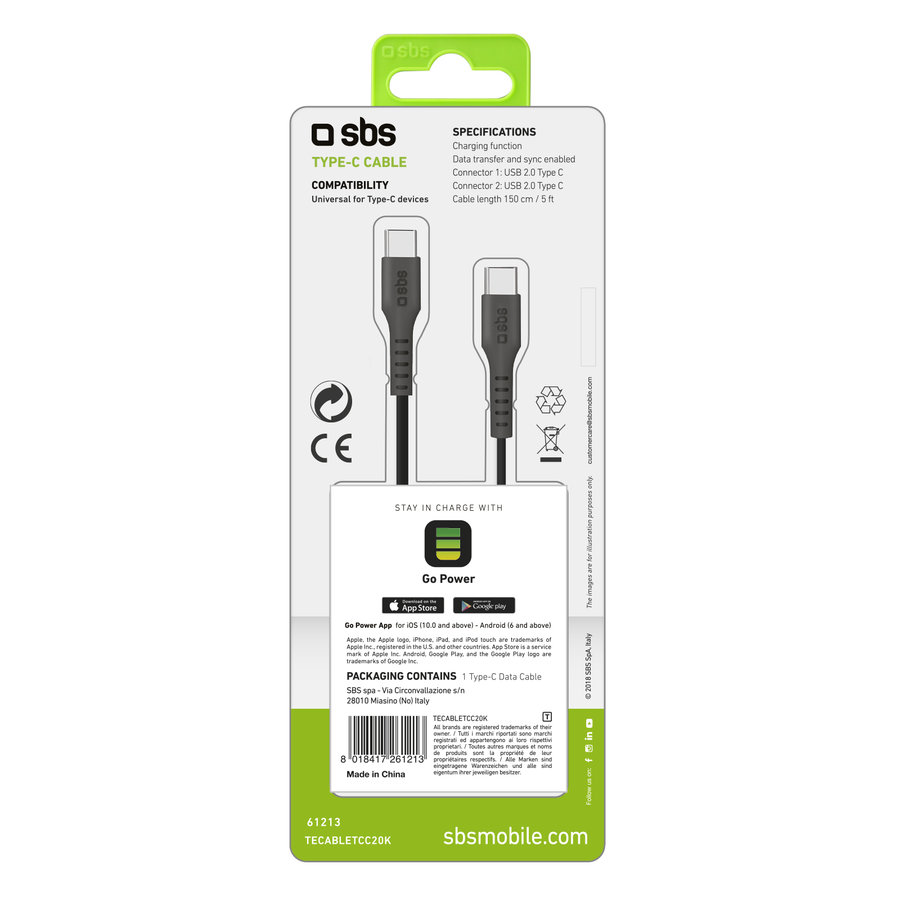 SBS - Kábel USB-C/USB-C, 25 W, 1,5 m, čierna