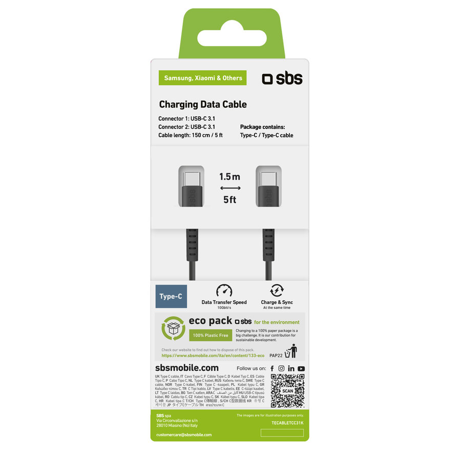 SBS - Kábel USB-C/USB-C, 60 W, 1,5 m, čierna