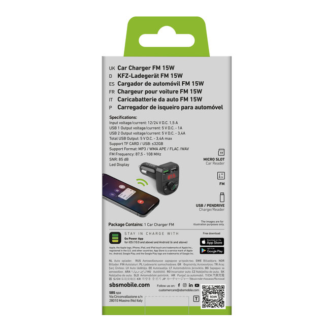 SBS - Autoadaptér FM 2x USB-A, AFC, 15 W, čierna