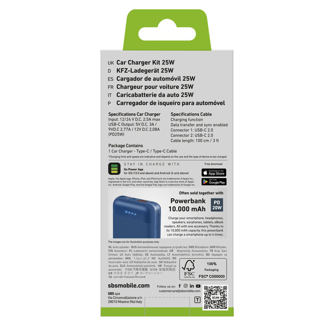 SBS - Nabíjacia sada do auta USB-C, PD 25 W, čierna