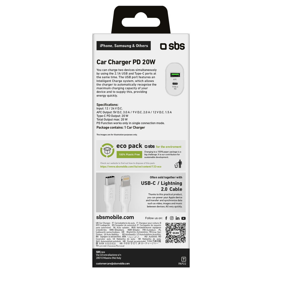 SBS - Autonabíjačka USB-C PD 20 W/USB-A AFC 18 W, biela