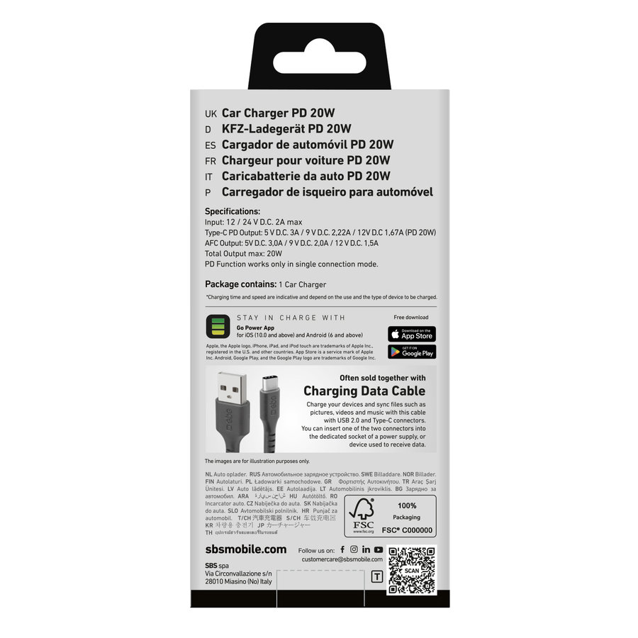 SBS - Autonabíjačka USB-C PD 20 W/USB-A AFC 18 W, biela