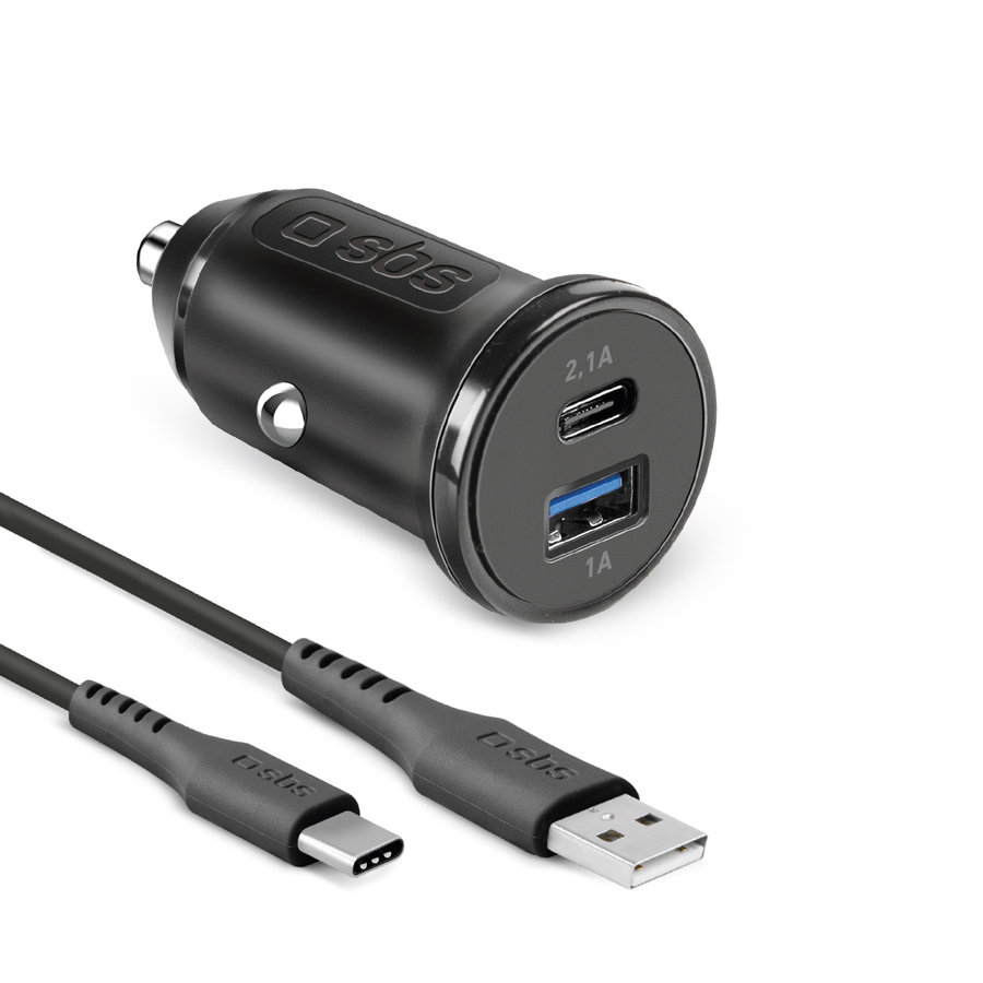 SBS - Nabíjacia sada do auta 2xUSB-A/USB-C, dĺžka 1m, 2,1 A/1 A, 12/24V, čierna