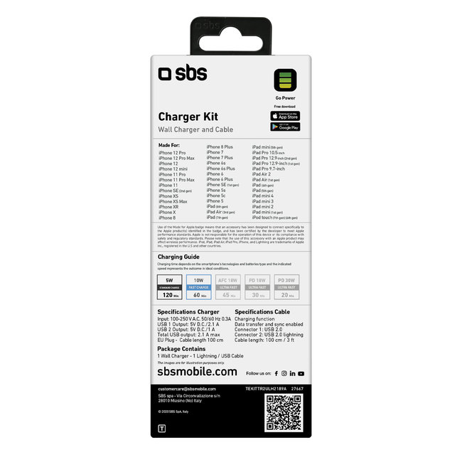 SBS - Cestovná nabíjacia sada, Ultra Fast Charge, 2x USB-A/Lightning MFI C-89 kábel, biela