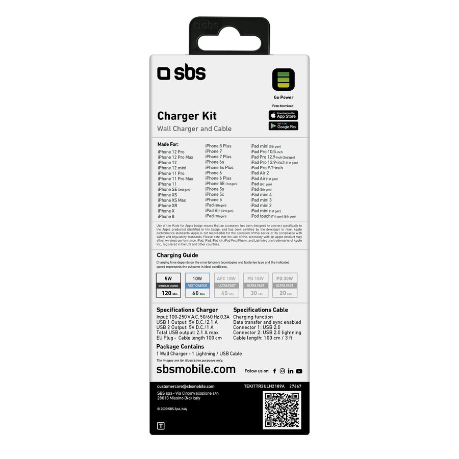 SBS - Cestovná nabíjacia sada, Ultra Fast Charge, 2x USB-A/Lightning MFI C-89 kábel, biela