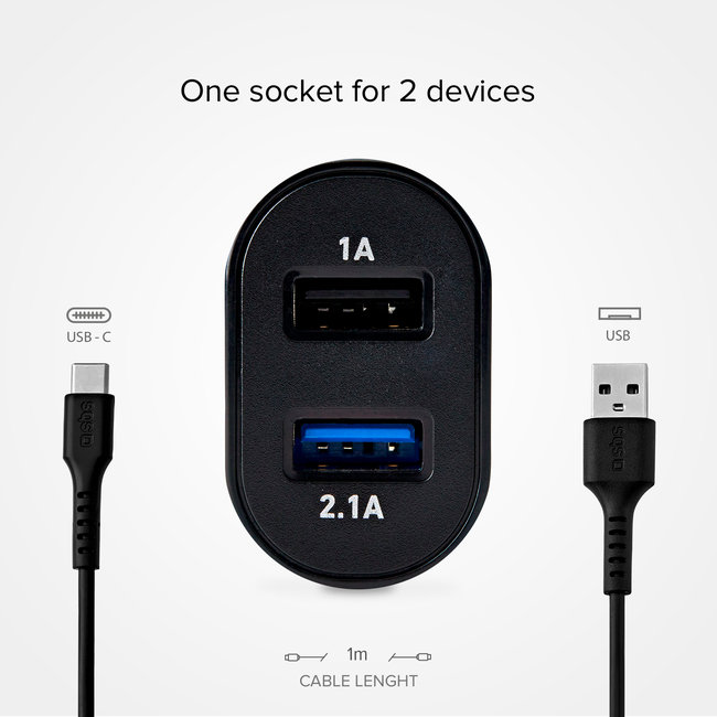 SBS - Cestovná nabíjacia sada 2xUSB-A, USB-A/USB-C, 2,1 A/1 A, čierna