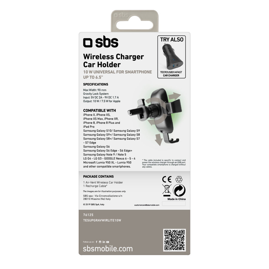 SBS - Držiak do auta Gravity s bezdrôtovým nabíjaním, 10 W, QI, čierna