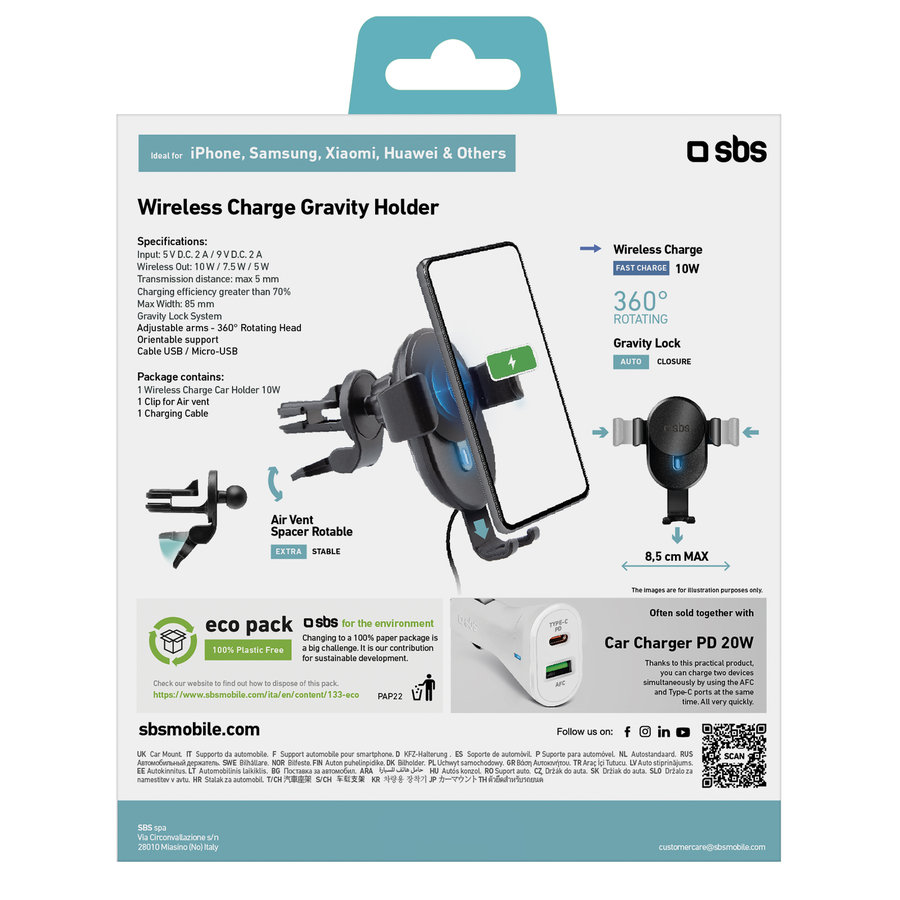 SBS - Držiak do auta Gravity s bezdrôtovým nabíjaním, do mriežky, 10 W, čierna