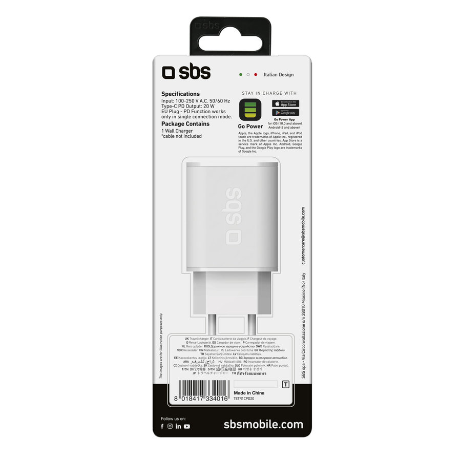 SBS - Cestovný adaptér 1xUSB-C, PD 20 W, biela