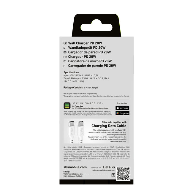 SBS - Cestovný adaptér 1xUSB-C, PD 20 W, biela