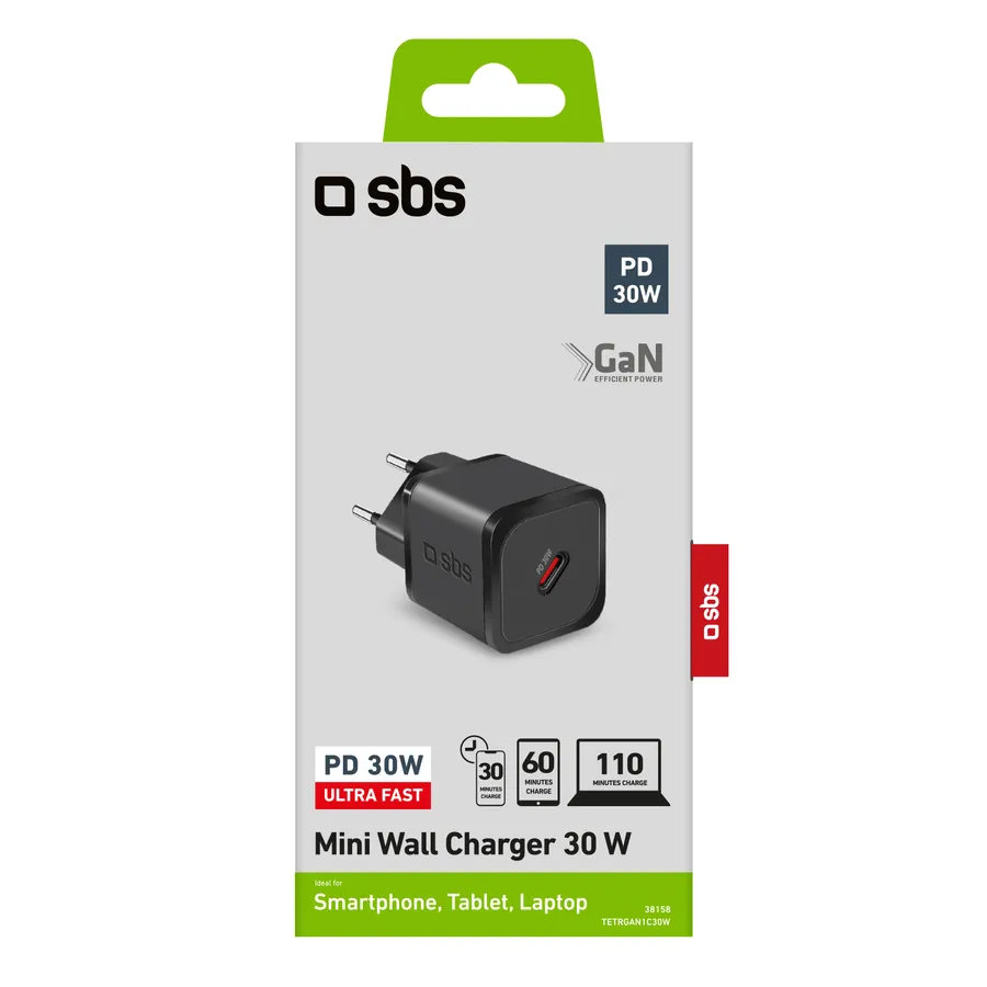 SBS - Cestovný adaptér Mini USB-C, GaN, 30 W, PD, čierna