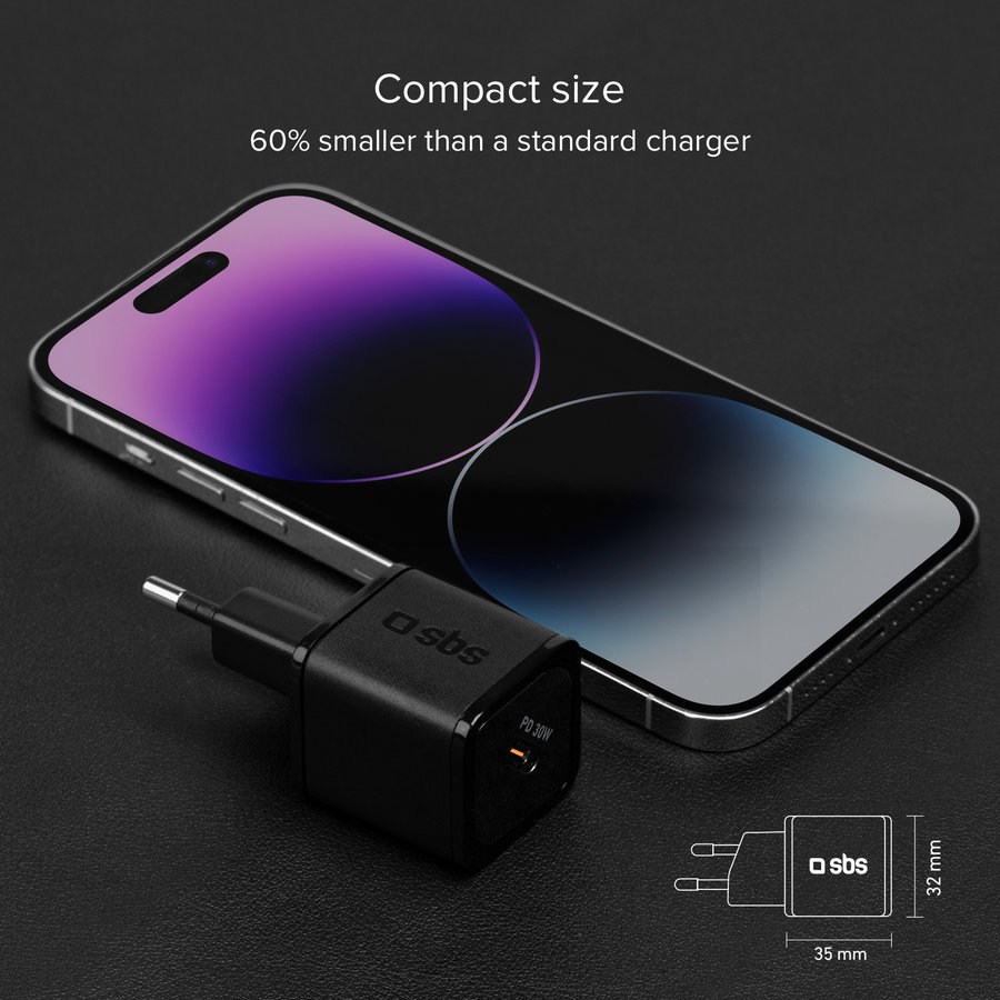 SBS - Cestovný adaptér Mini USB-C, GaN, 30 W, PD, čierna