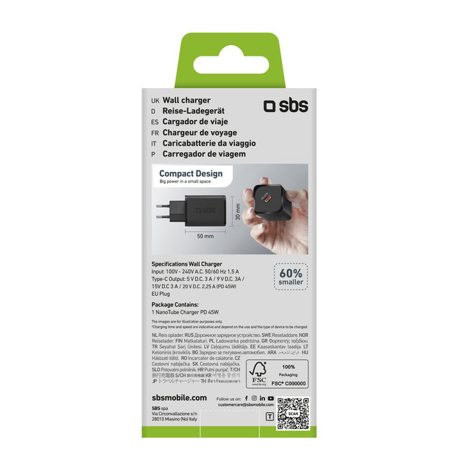 SBS - Cestovný adaptér Mini USB-C, GaN, 45 W, PD, čierna