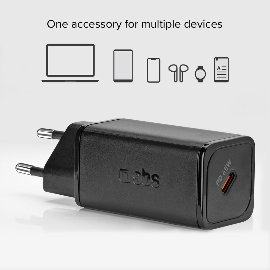 SBS - Cestovný adaptér Mini USB-C, GaN, 65 W, PD, čierna