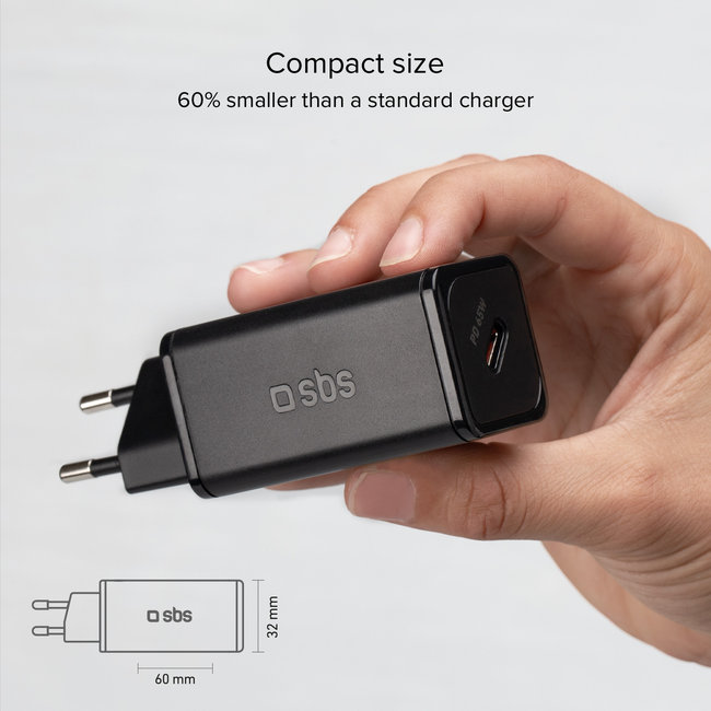 SBS - Cestovný adaptér Mini USB-C, GaN, 65 W, PD, čierna