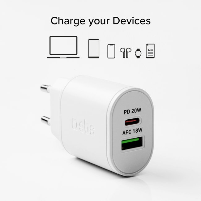 SBS - Cestovný adaptér USB-C PD 20 W/USB-A AFC 18 W, biela