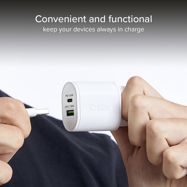 SBS - Cestovný adaptér USB-C PD 20 W/USB-A AFC 18 W, biela