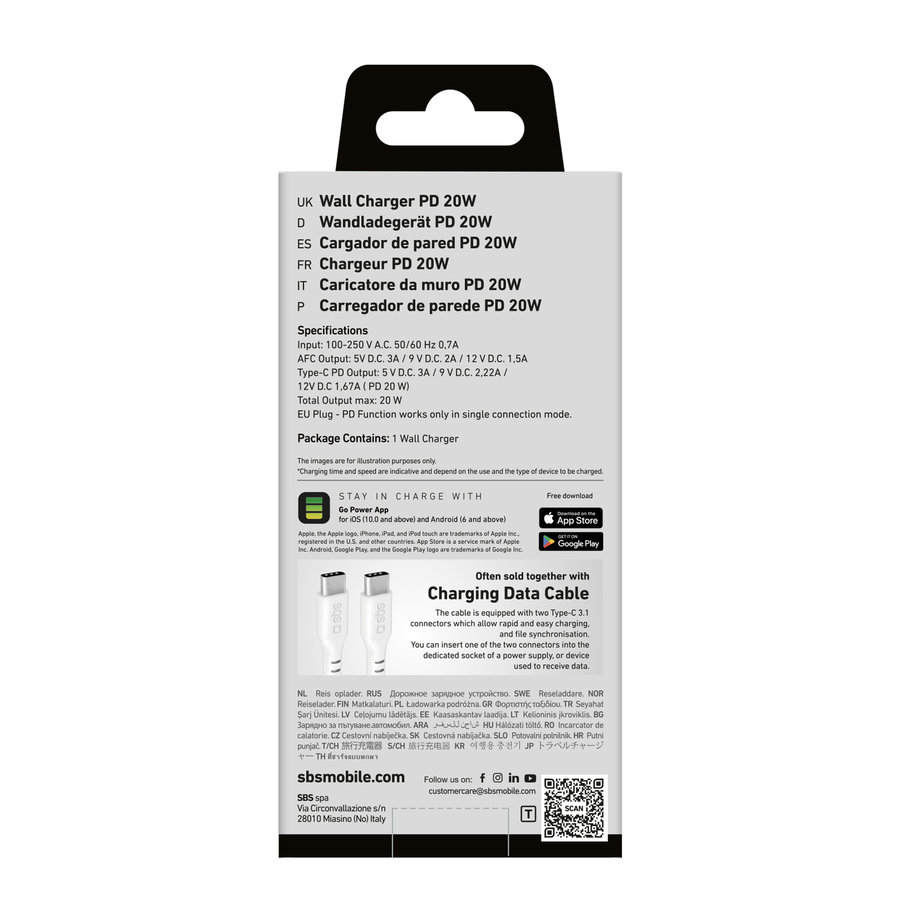 SBS - Cestovný adaptér USB-C PD 20 W/USB-A AFC 18 W, biela