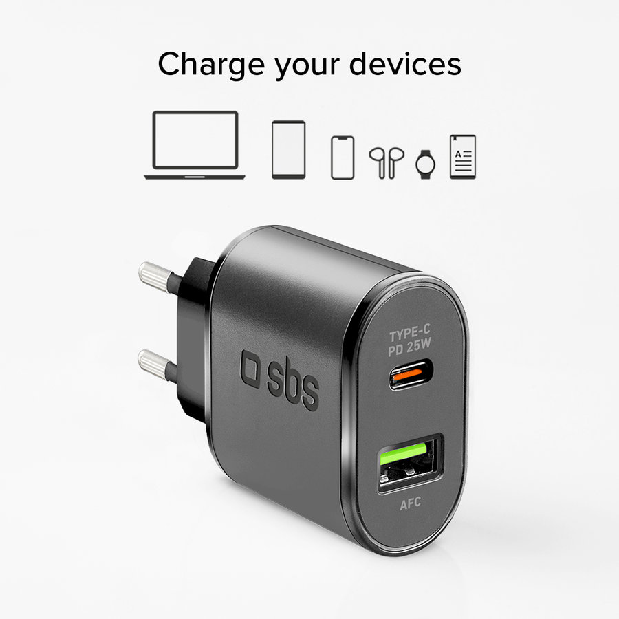 SBS - Cestovný adaptér USB-A AFC/USB-C, PD 25W, čierna
