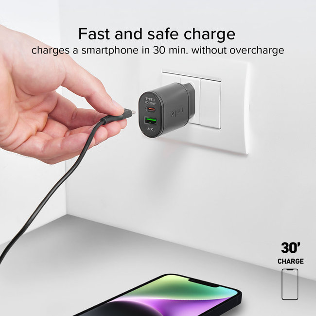 SBS - Cestovný adaptér USB-A AFC/USB-C, PD 25W, čierna