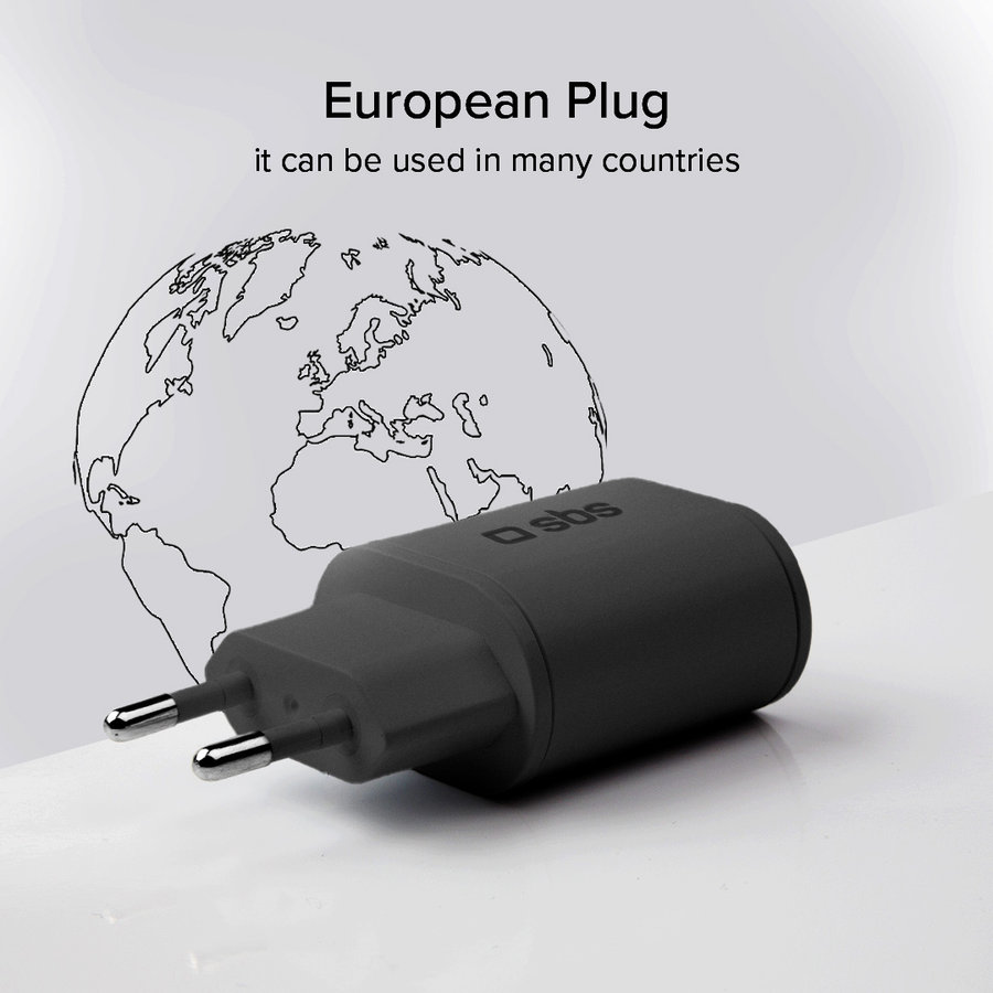 SBS - Cestovný adaptér USB-A AFC/USB-C, PD 25W, čierna