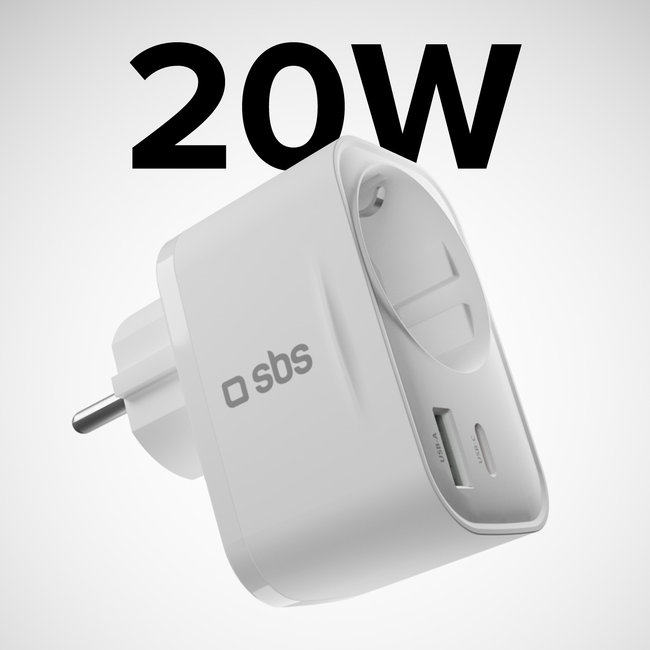 SBS - Viacportový cestovný adaptér USB-C/USB-A/Schuko, PD 20 W, biela