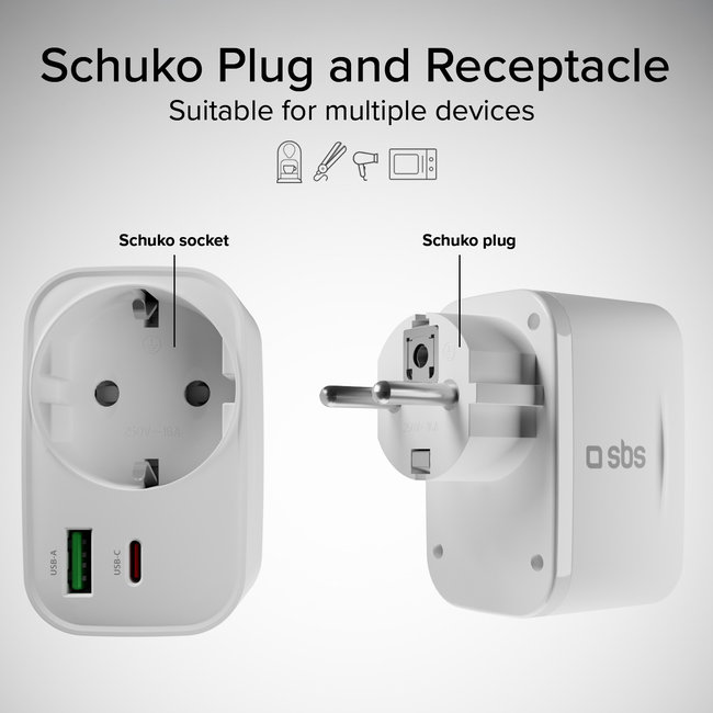 SBS - Viacportový cestovný adaptér USB-C/USB-A/Schuko, PD 20 W, biela