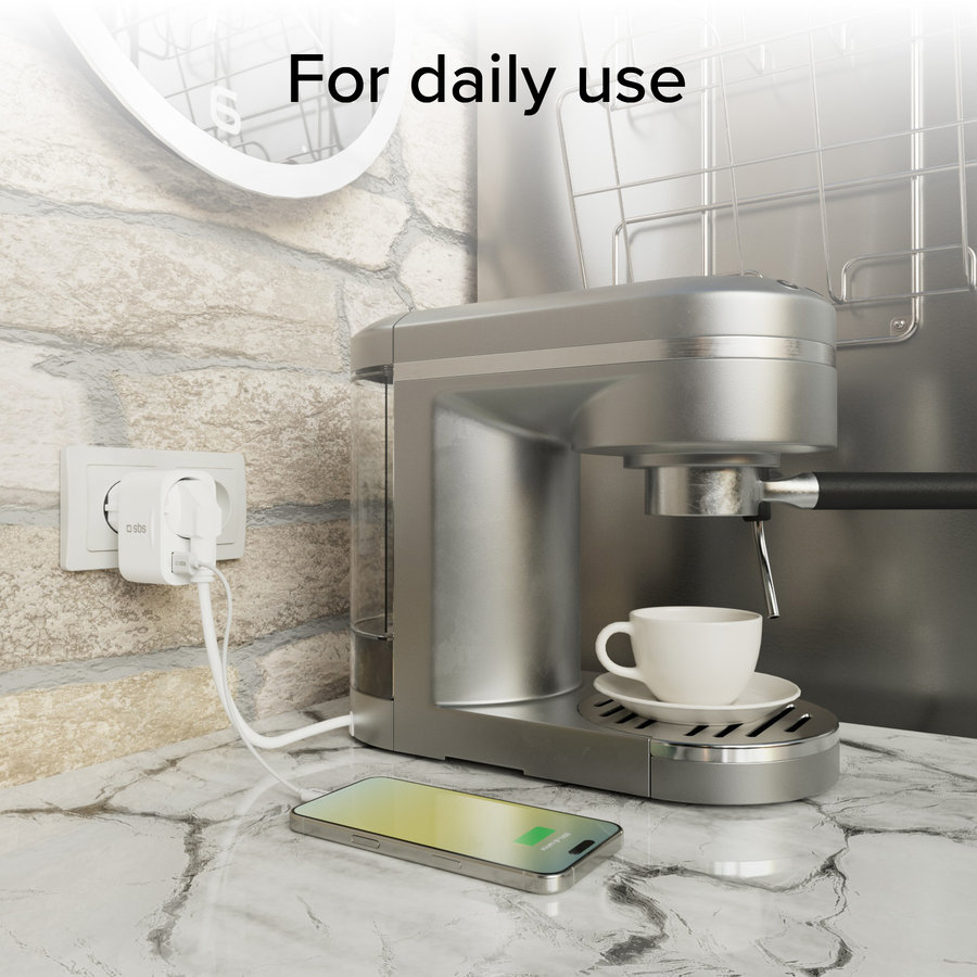 SBS - Viacportový cestovný adaptér USB-C/USB-A/Schuko, PD 20 W, biela