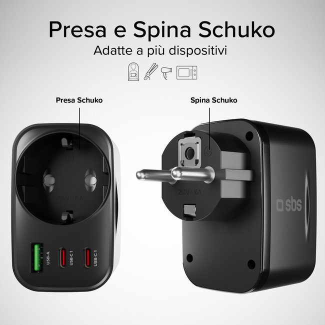 SBS - Viacportový cestovný adaptér 2x USB-C/USB-A/Schuko, PD 30 W, čierna