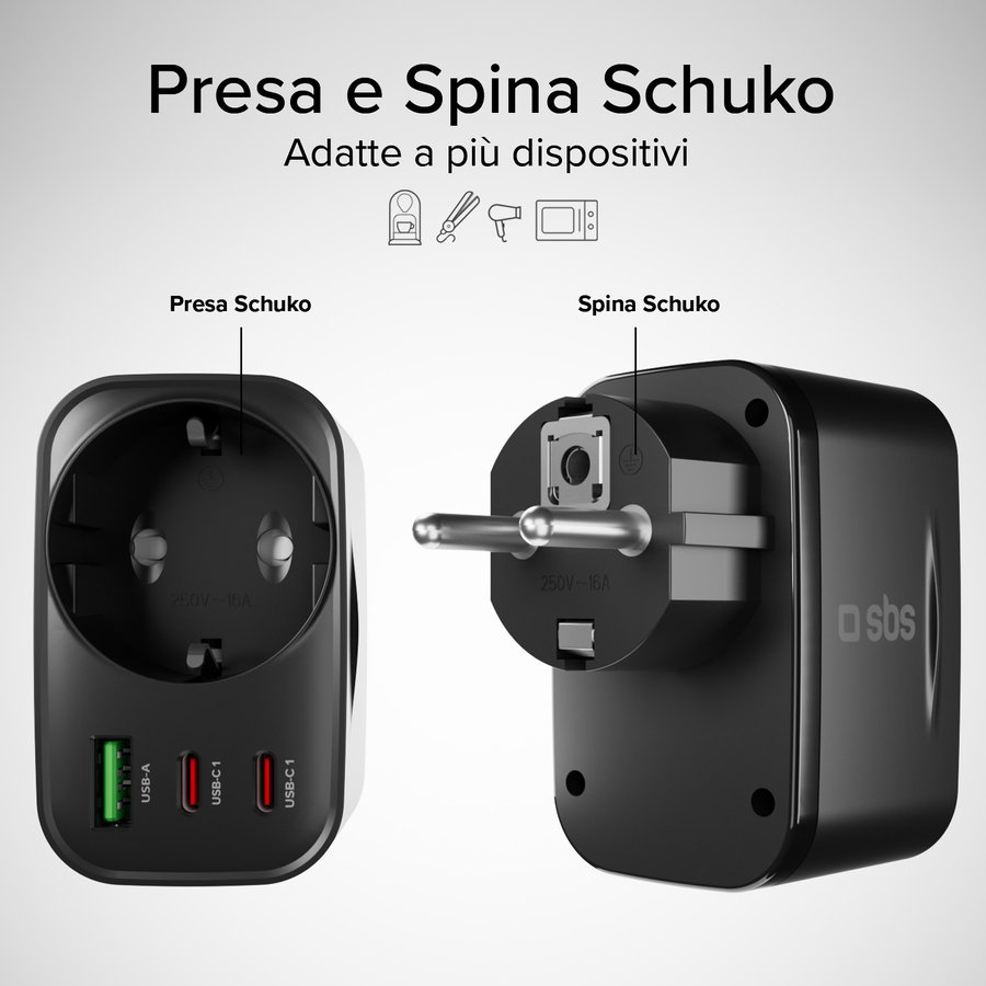 SBS - Viacportový cestovný adaptér 2x USB-C/USB-A/Schuko, PD 30 W, čierna