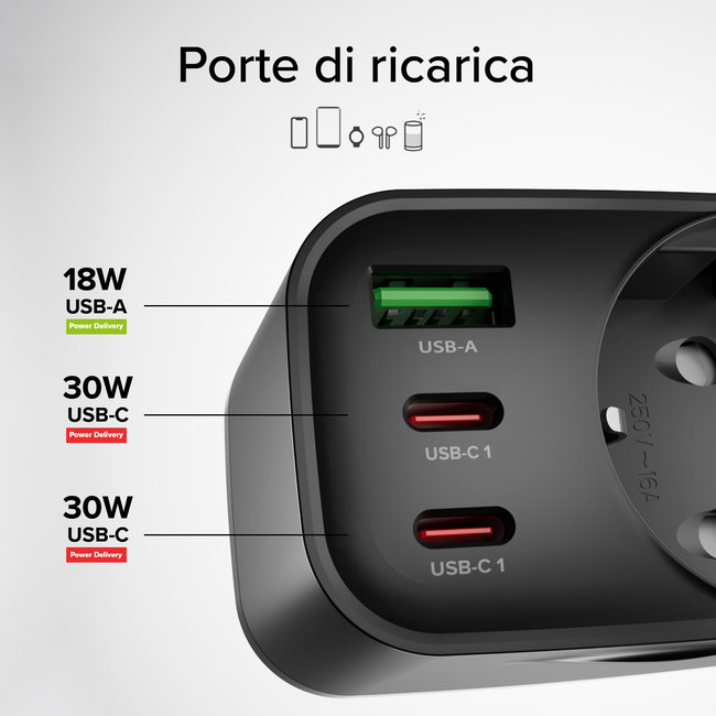 SBS - Viacportový cestovný adaptér 2x USB-C/USB-A/Schuko, PD 30 W, čierna